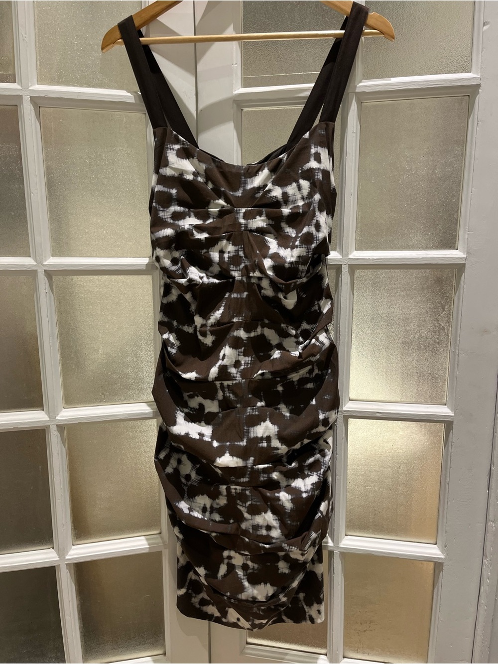 Nicole Miller Brown and White Patterned Ruched Women's Dress